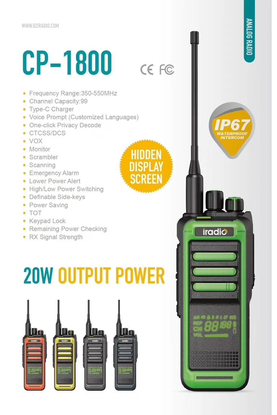 Cp1800 Iradio High Power Walkie Talkie Hidden Display Screen Two Way Radio Colorful