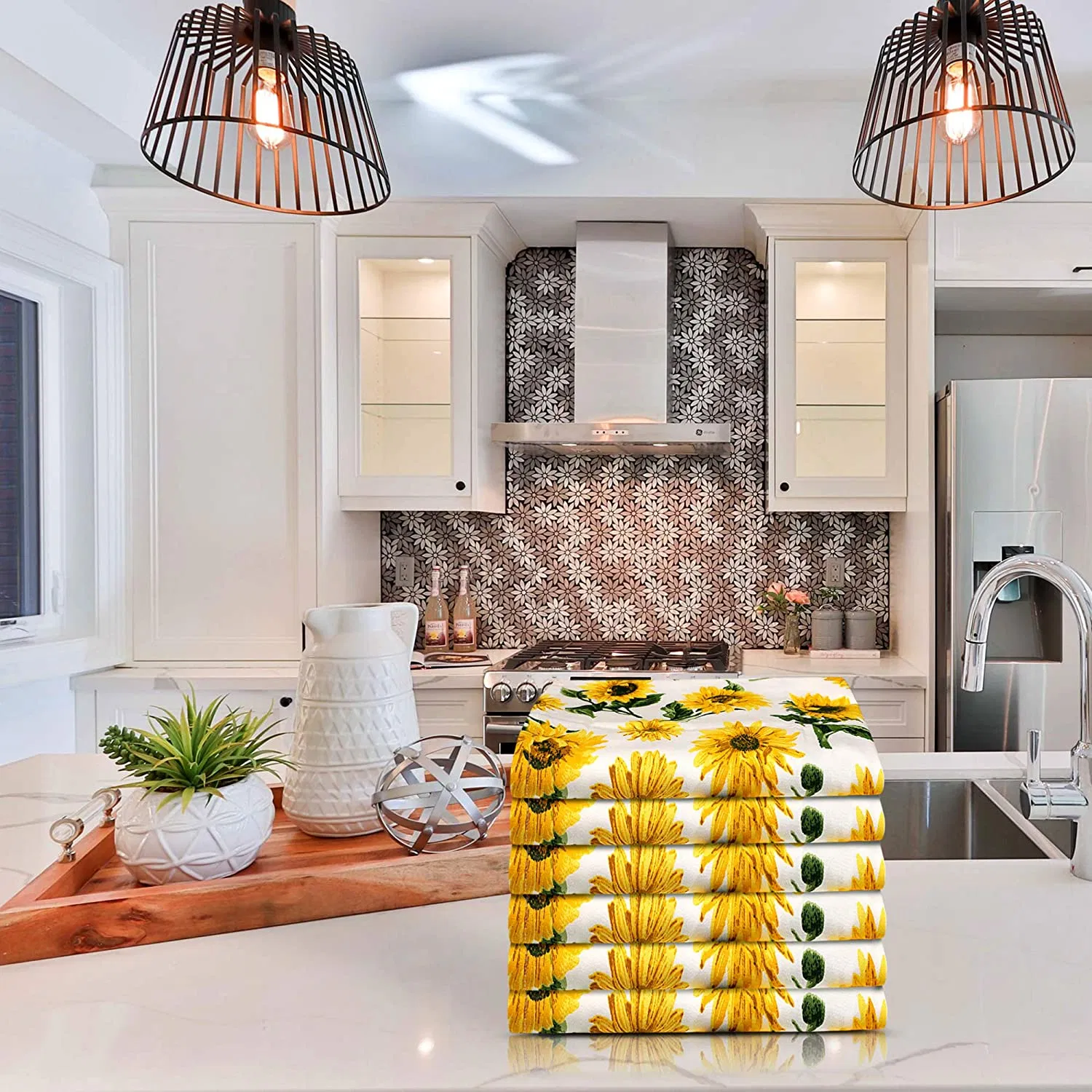 Sunflower Print Multi Color Cotton Dish Towels Highly Absorbent Bar Towel