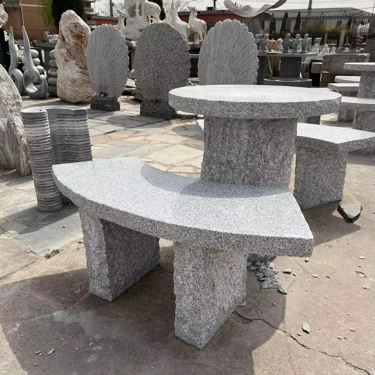 Hand-Carved Granite Stone Bench with Round Table