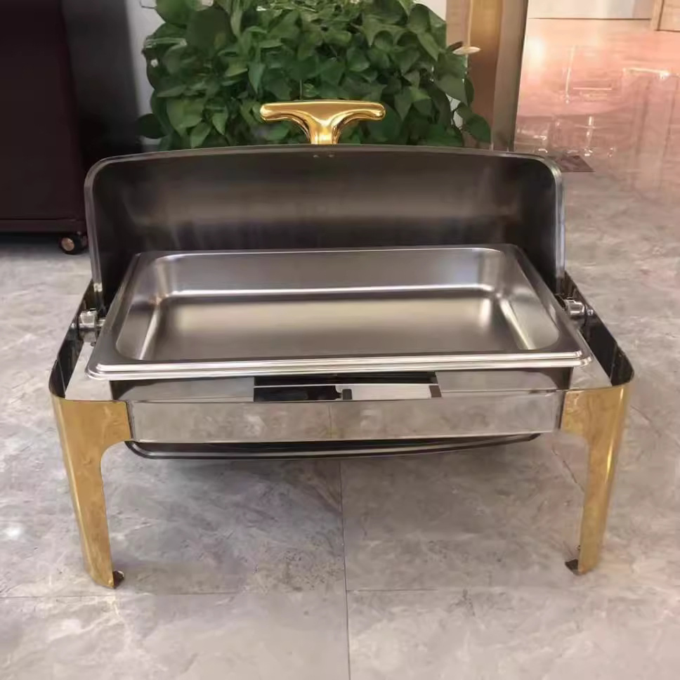 Restaurant Roll Top 9L Full Gold Stainless Steel Buffet Food Warmer Fuel Heating Chafer Dish Rectangular Glass with Gold for Buffet Chafing Dish