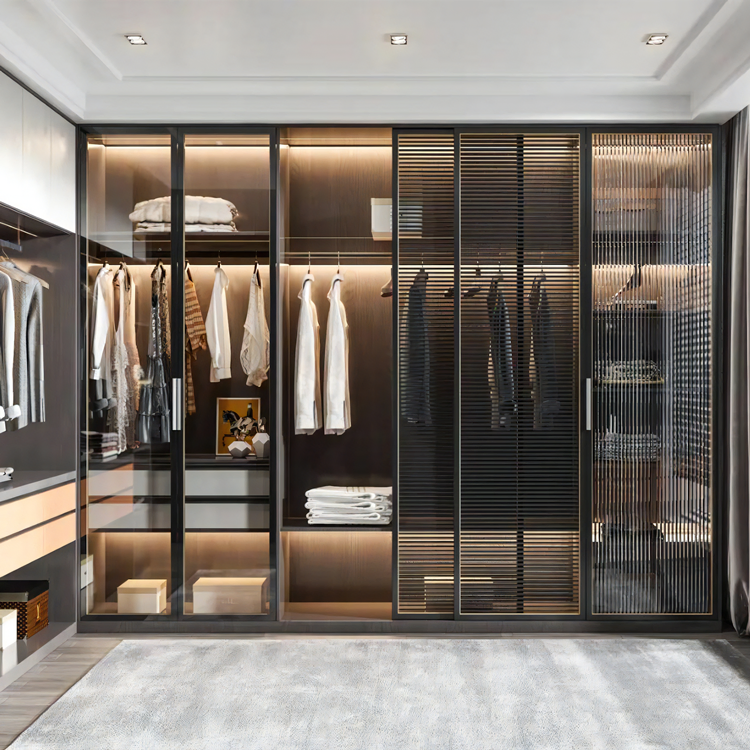 High End Glass Door Design Wooden Wardrobe Bedroom Furniture Clothes Organizer