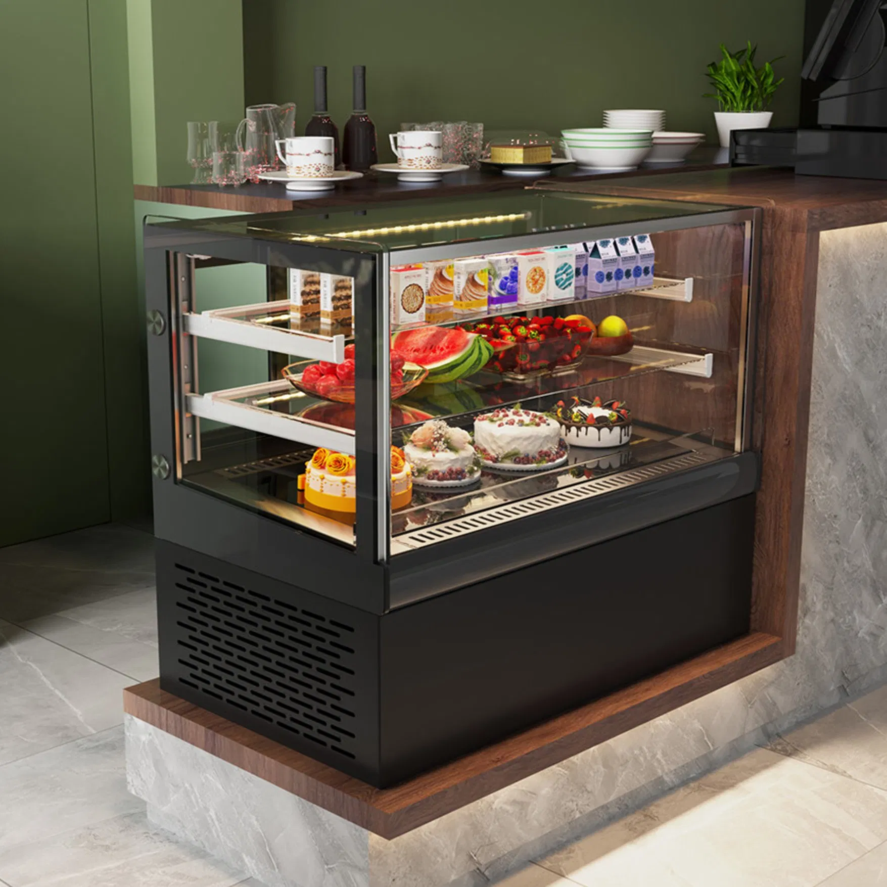 Commercial Pastry Display Fridge with Transparent Square Glass Door Dessert Showcase Counter Fridge for Bakery Shop