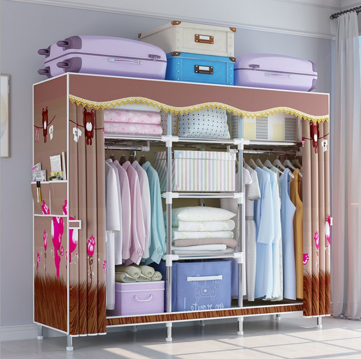 Simple Wardrobe with Bold Reinforcement Steel Pipe Polyester Assembly Storage Wardrobe