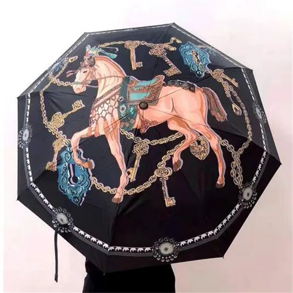 Summer Watercolor Horse Fully-Automatic Rain Umbrella Outdoor Foldable Sun Umbrella for Women Males