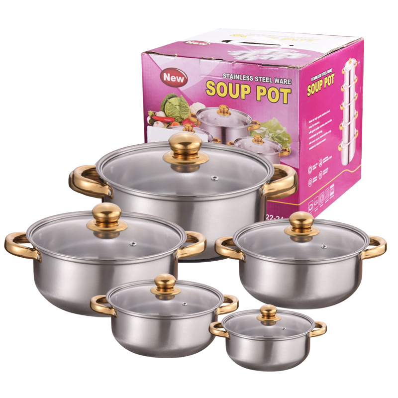 Kitchen Cookware Round Stock Pot Stainless Steel Multi-Purpose Gold Double-Handled Soup Pot Set