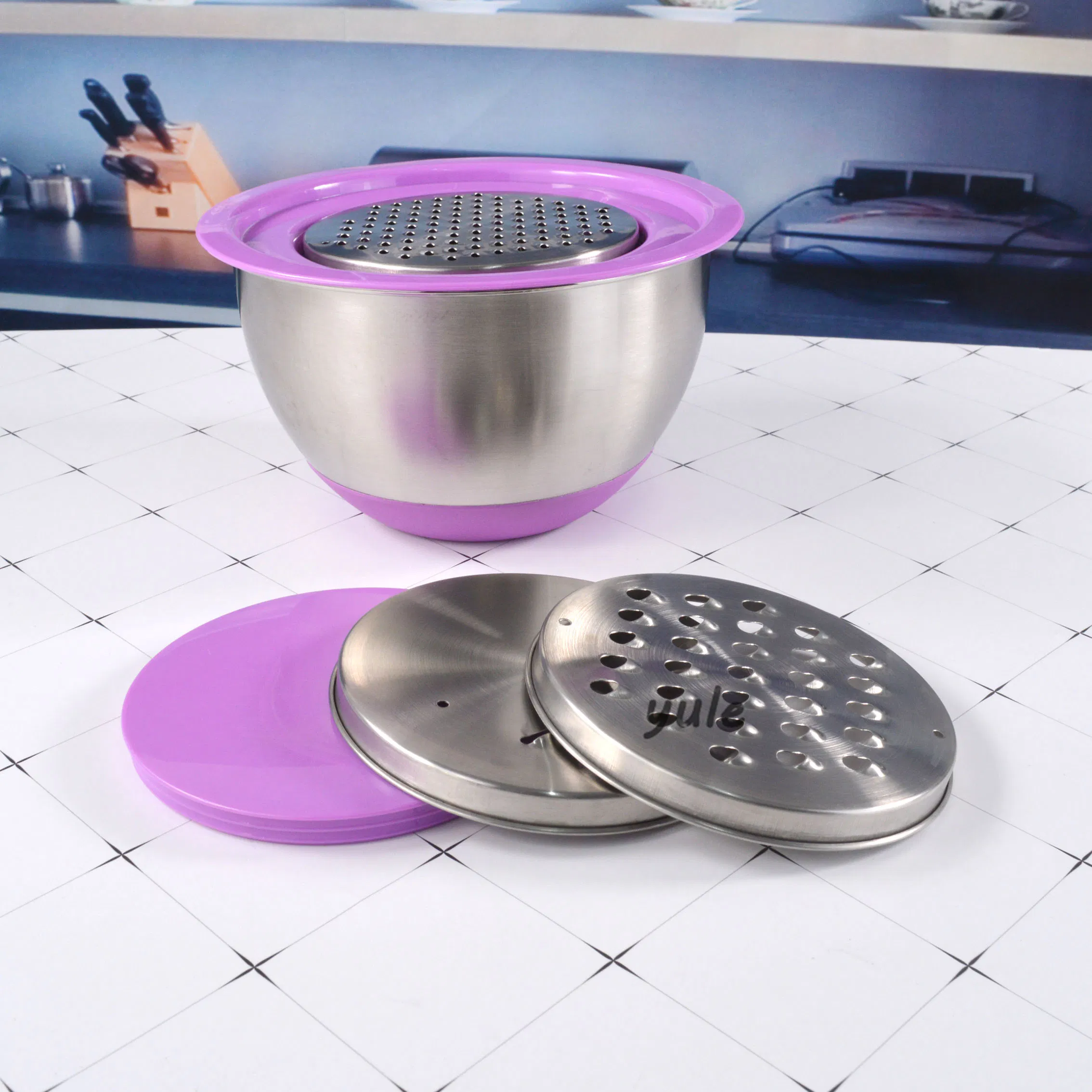 Traditional Manufacturing Stainless Steel Cookware Colorful Lot De 3 Nonslip Saladier En Acier Inoxydable with Plastic Lid Salad Bowl