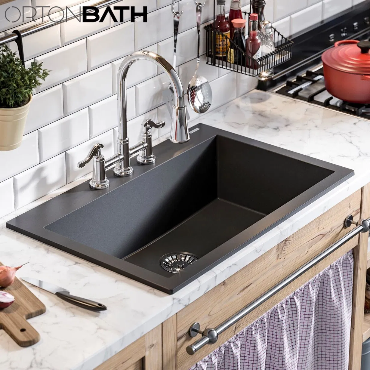 Ortonbath Rectangular Top Mount Single Bowl Black Silvery Granite Composite Kitchen Sink & Waste Kit With1 Tap Hole