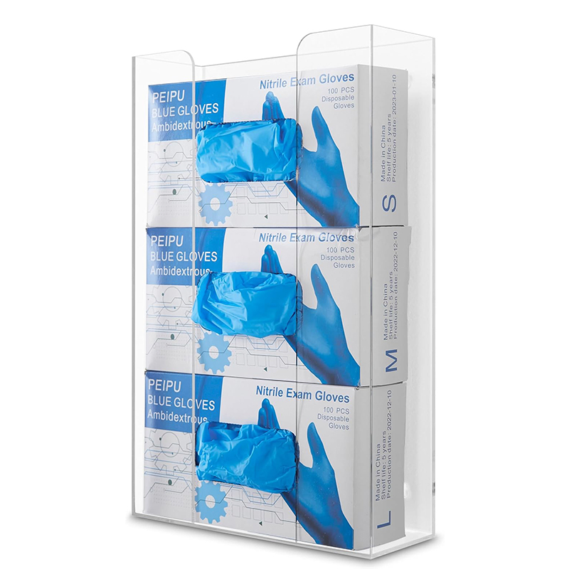 Acrylic Glove Dispenser Box Wall Mount, Triple Tissue Holder Shelf for Kitchen Cleaning Closet Lab Exam Office Organization