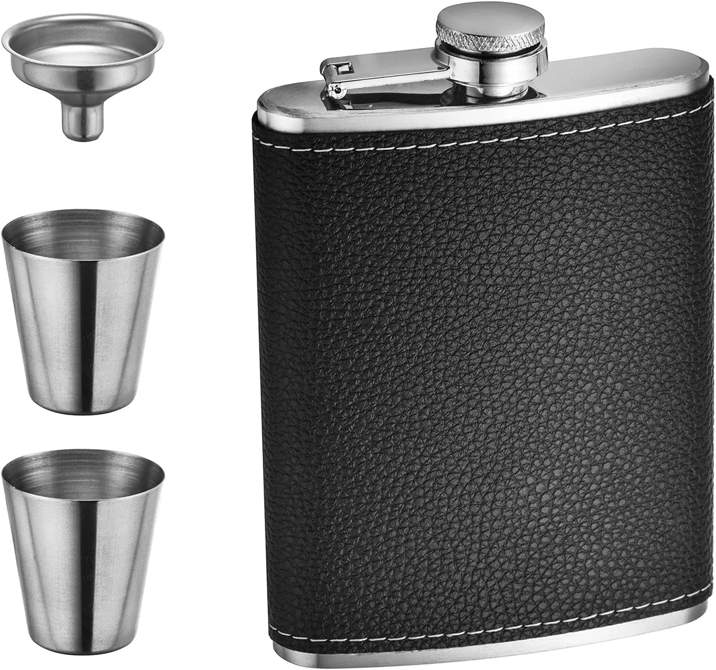 Food Grade Stainless Steel PU Leather Wrapped Golden Black Whiskey Hip Flask Gift Set for Knockando Ladyburn Spendrups