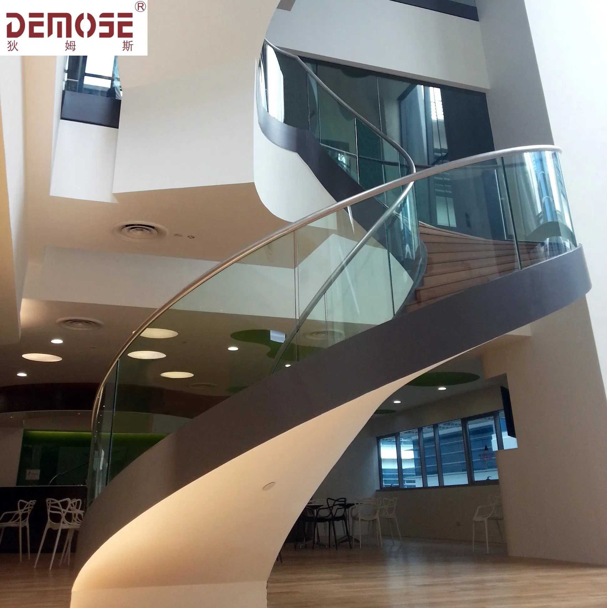 Factory Direct Sale Wooden Glass Baffle Stainless Steel Handrail Spiral Staircase (DMS-1051)