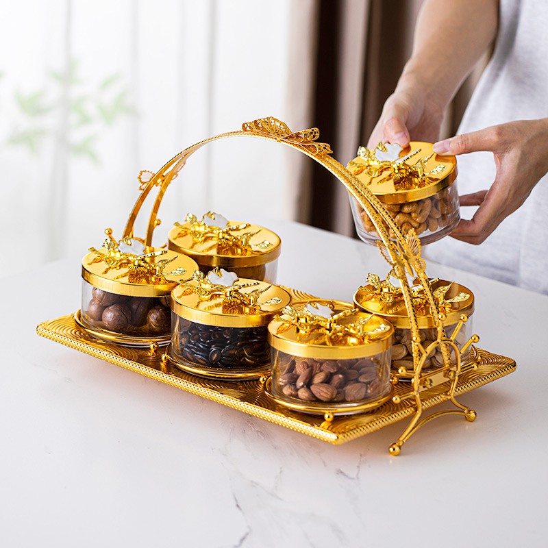 Glass Home Decor Bowl Set, Includes 6 Glass Bowls and a Gold-Plated Iron Stand Candy Bowl