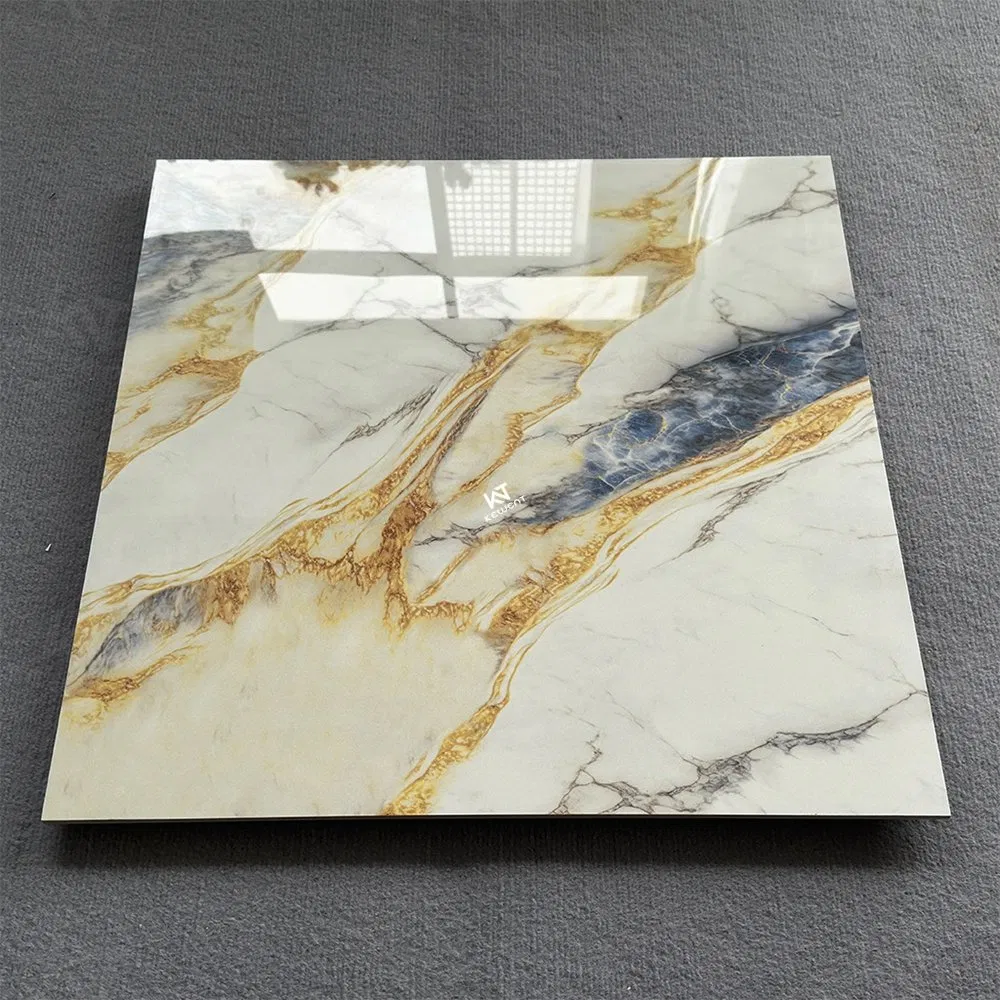 Wholesale Foshan High Quality Luxury Living Room 600X600 Glossy Gold Grain Blue Polished Marble Effect Porcelain Floor Tiles
