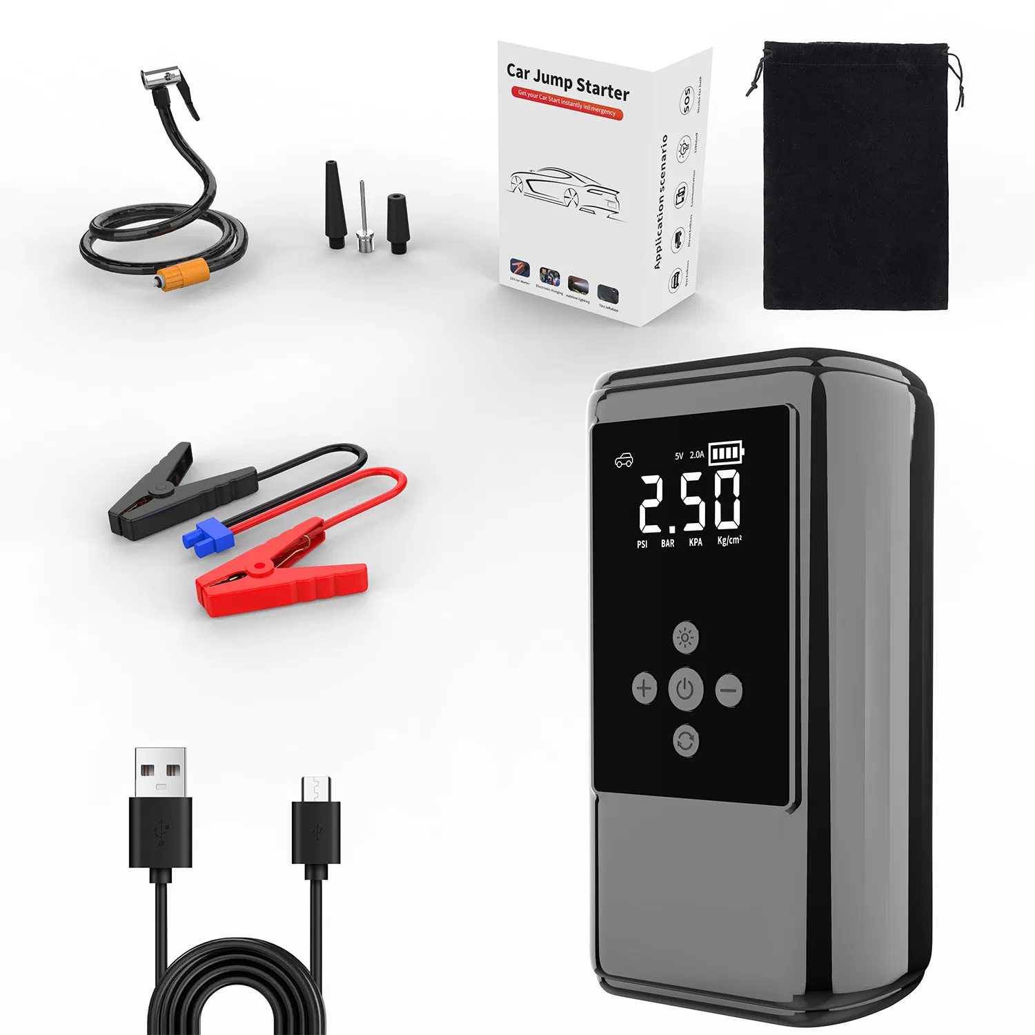 Promotion Portable Emergency Car Pump Emergency Jump Starter 12V Portable Auto Booster Power Bank Car Battery Jump Starter Tire Tester Air Compressor Combo Set