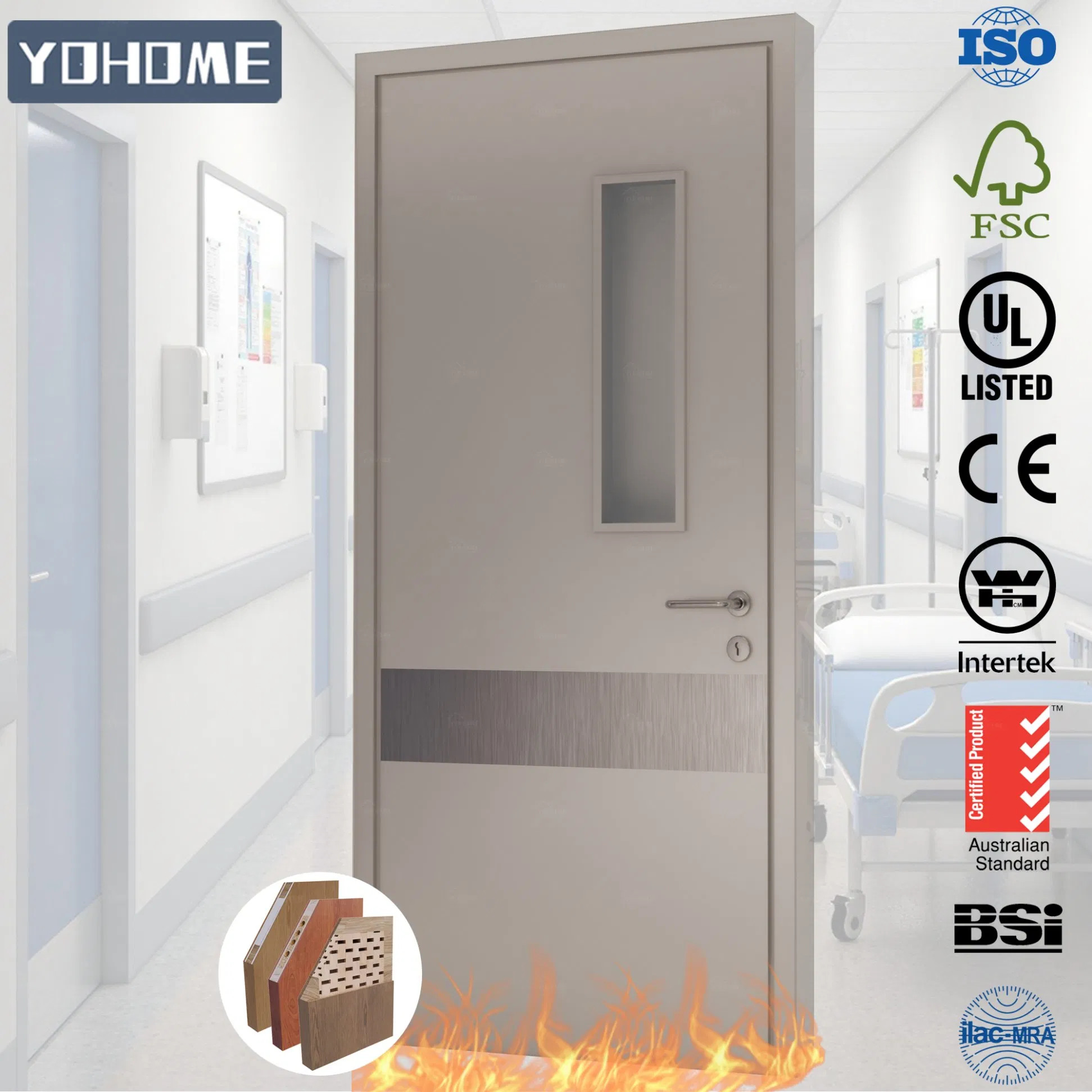 Yohome PRO Fire Door Manufacturer Hospital Engineering Project 45/60/90 Frl Fireproof Ward Door Wood Fire Rated Door with Window