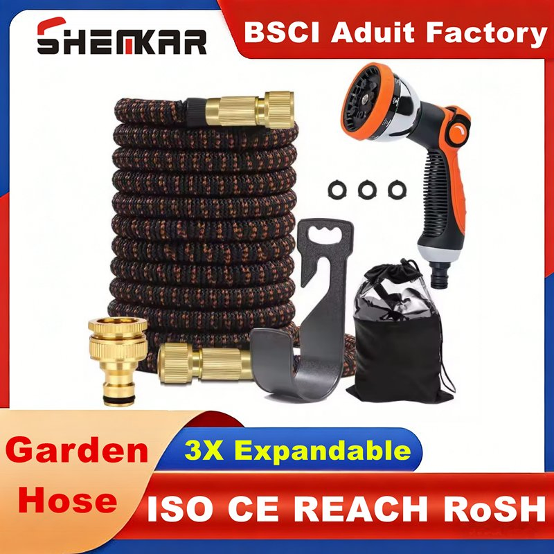 Durable Latex Core Kink-Free Leak-Proof Heavy Duty Black Orange Expandable Garden Hose with Metal Connectors