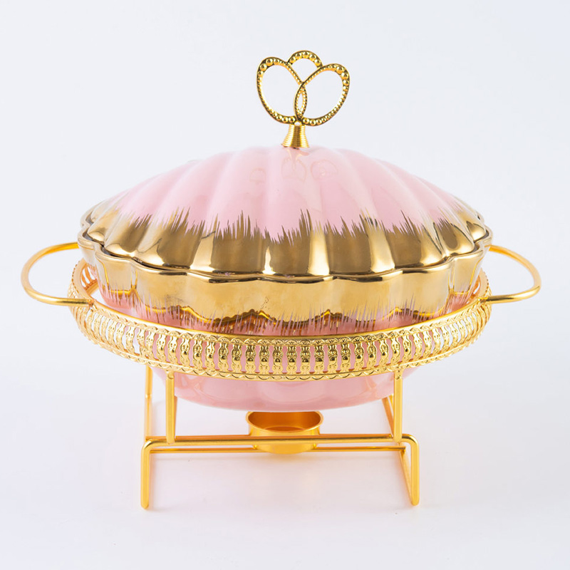Shell Shape Ceramic Casserole Home Luxury Gold Tableware Heating Hotel Dry Soup Pot Gold Rack Food Wamer with Candle Holder