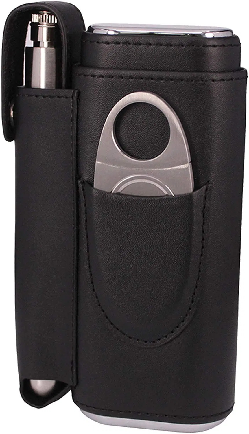 Cedar Wood Lined 2 Holder Black Cigar Case Flask Set with 2 Oz Stainless Steel Flask and Cutter