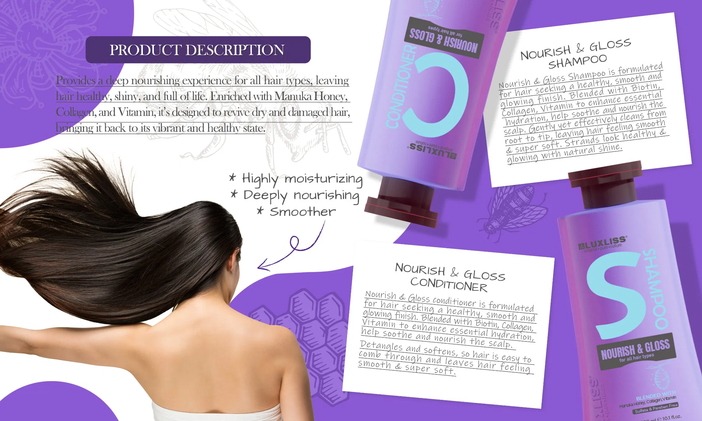 Luxliss Hair Care Set Nourish & Gloss Natural Organic Hair Shampoo and Conditioner for Supermarket