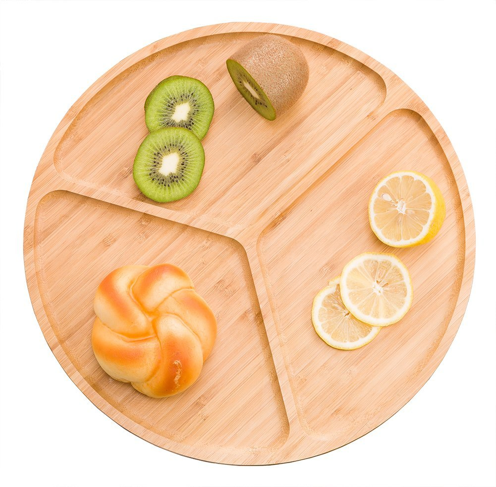 3-Divided Bamboo Round Serving Tray, Bamboo Decorative Trays, Platters for Coffee, Fruit, Dessert