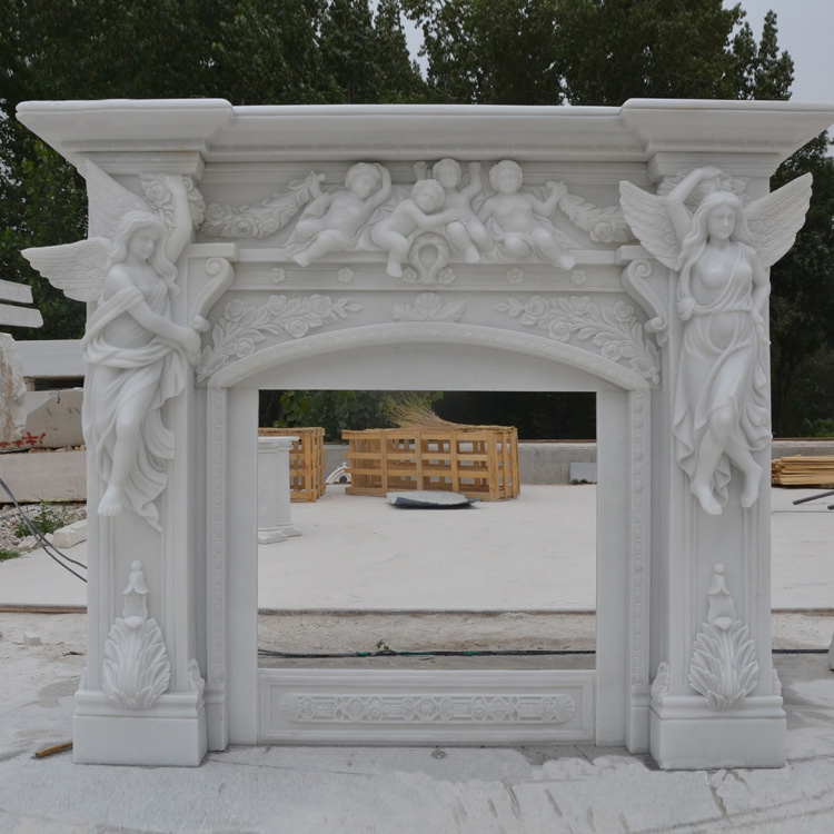White/Yellow/Beige Marble Surround Carved Mantel Stone Design Fireplace