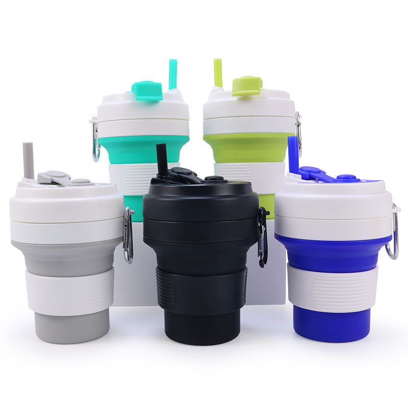 Silicon Collapsible Mug Durable Portable Food Grade Silicone Folding Cup with Lid and Straw for on-The-Go Use