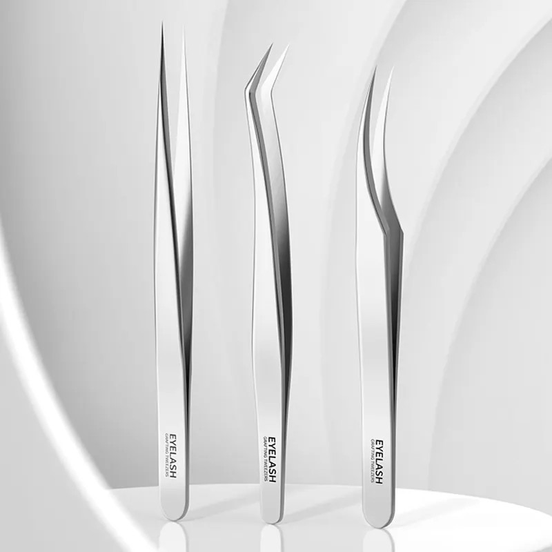 High Quality Professional Precision Fiber Tip Stainless Steel Eye Lash Tweezers for False Lashes Eyelash Extensions Custom Logo