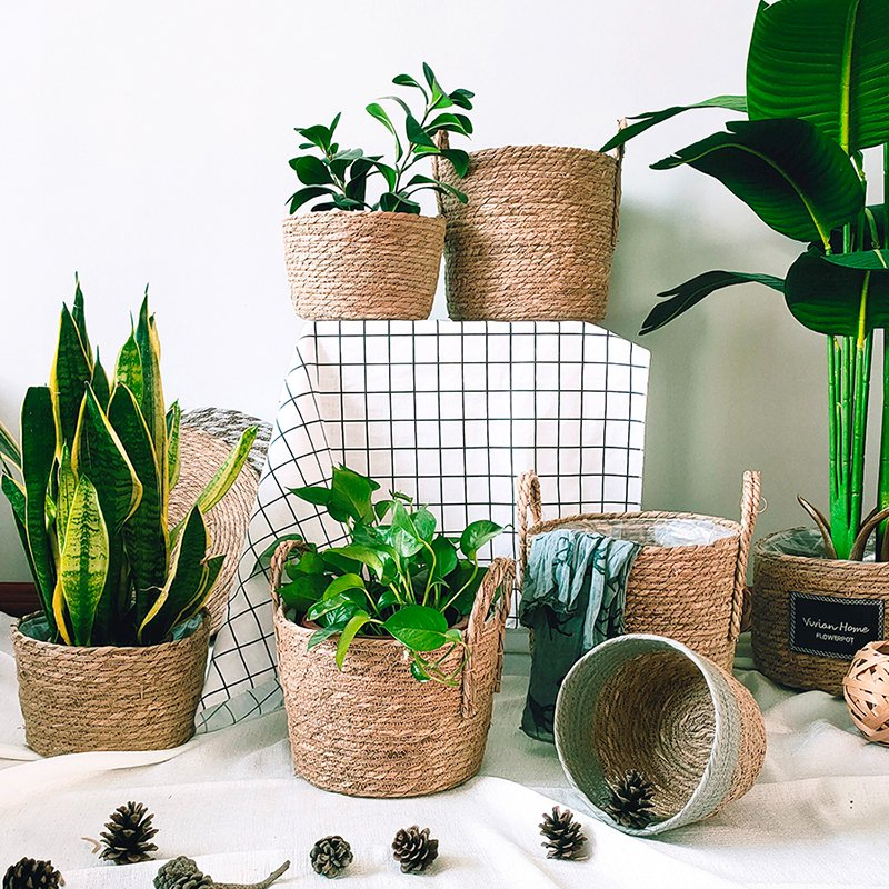 Eco-Friendly Woven Grass Baskets Flower Pot Covers, Green Plant Decorative Sets, Woven Grass for Stylish Plant Decor