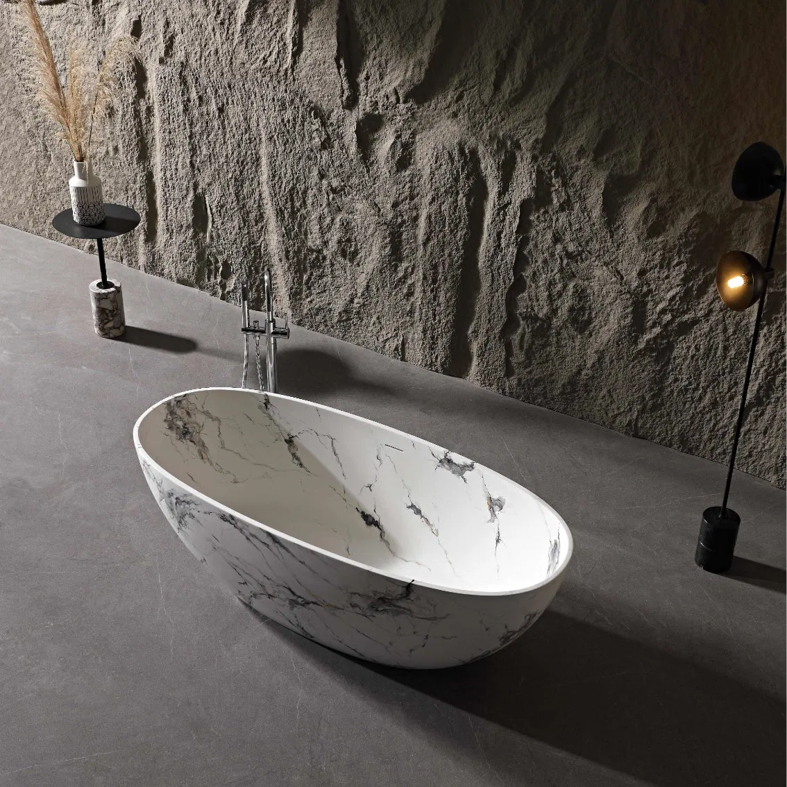 Modern Customized Marble Texture Cultured Composite Stone Freestanding Bathroom Bathtub Solid Surface Soaking Tub for Hotel