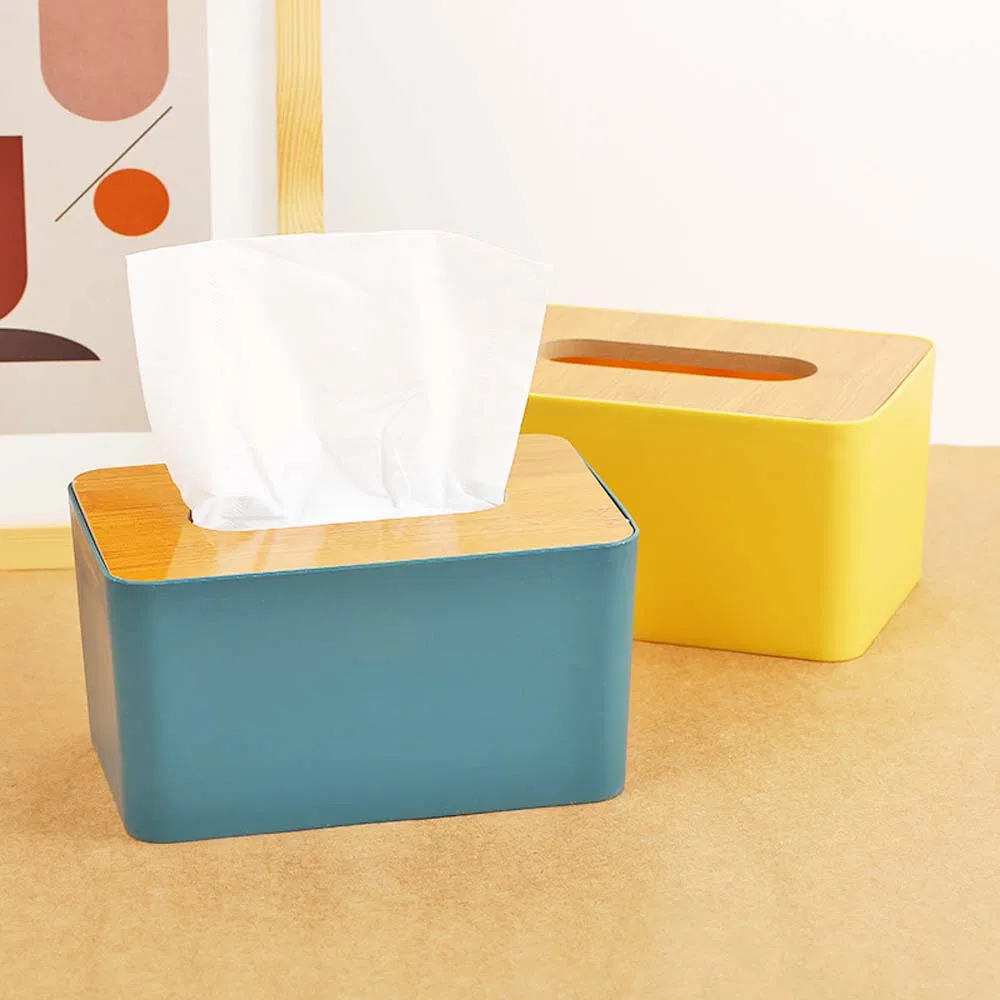 Customized Logo Creative Simple Household Tissue Box in Blue/Yellow/Orange/White with Wood Cover Made of Plastic Material for 3-5 Star Hotel/Home/Homestays