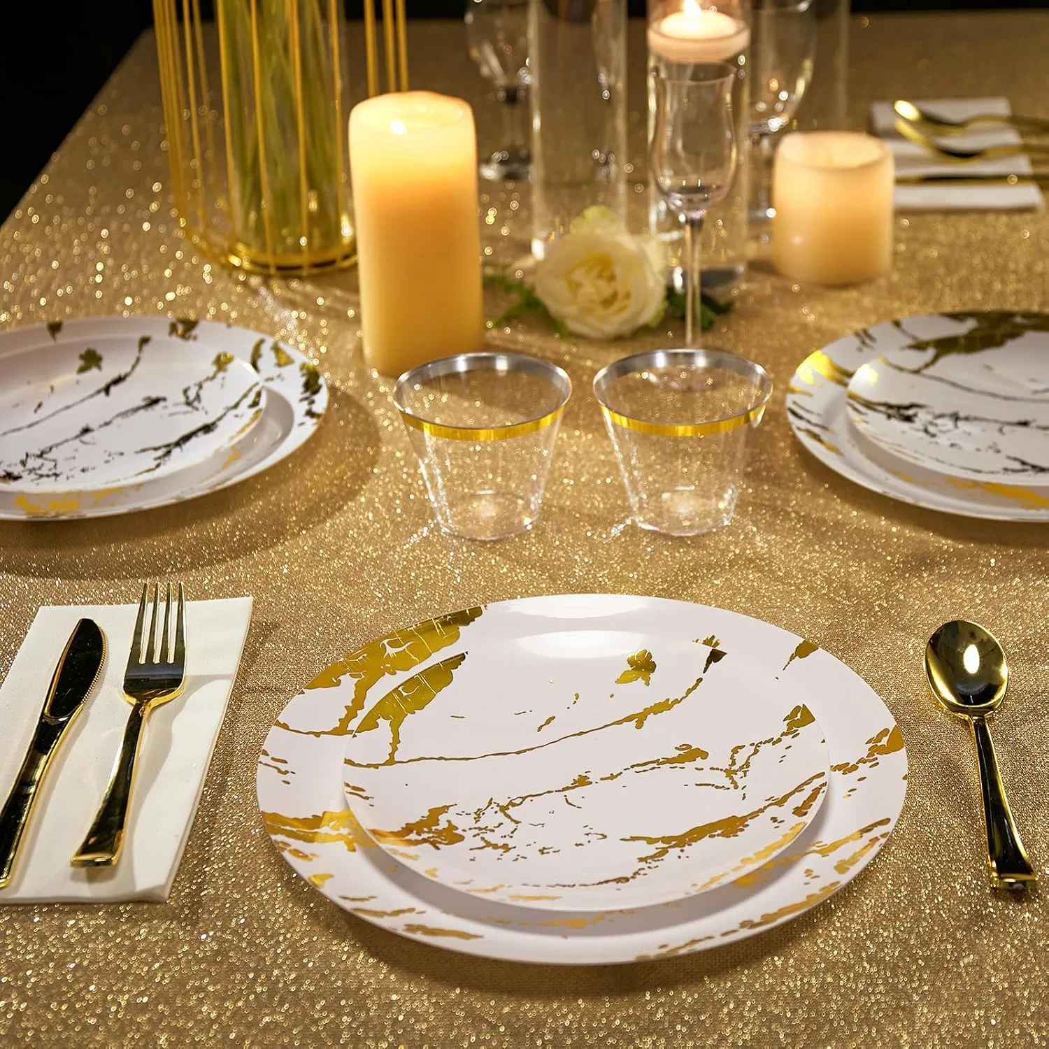 White and Gold Plastic Plates Plastic Silverware Marble Design Disposable Dinnerware for Wedding and Parties
