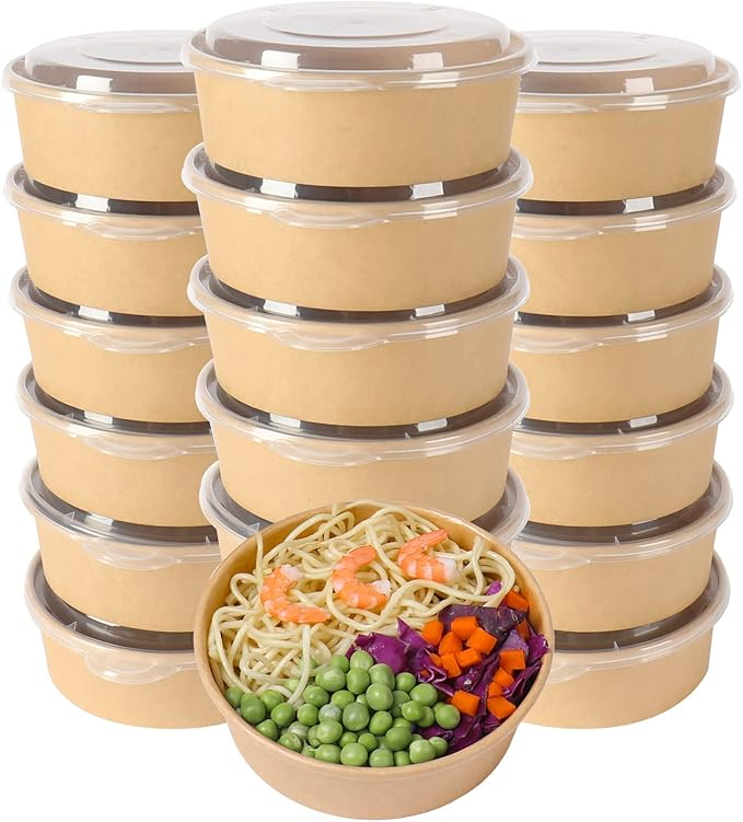 1000ml Disposable Salad Bowls with Pet Lid, Round Kraft Paper Bowl Takeaway