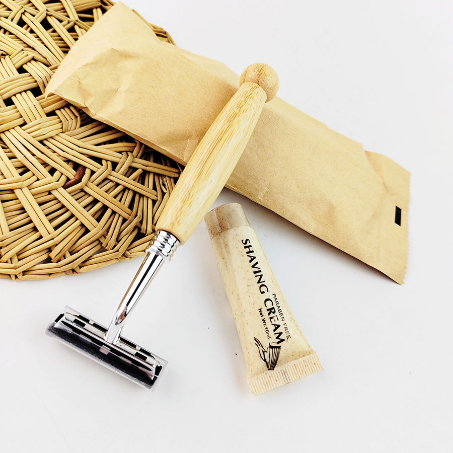 Eco-Friendly Natural Bamboo Handle Razor with 10g Wheat Bran Shaving Cream.