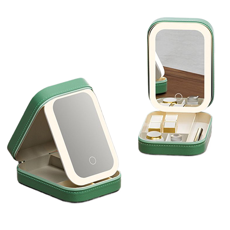 Vanity Leather Cosmetics Set Box for Women Compact Rechargeable Mirror with LED Makeup Mirror