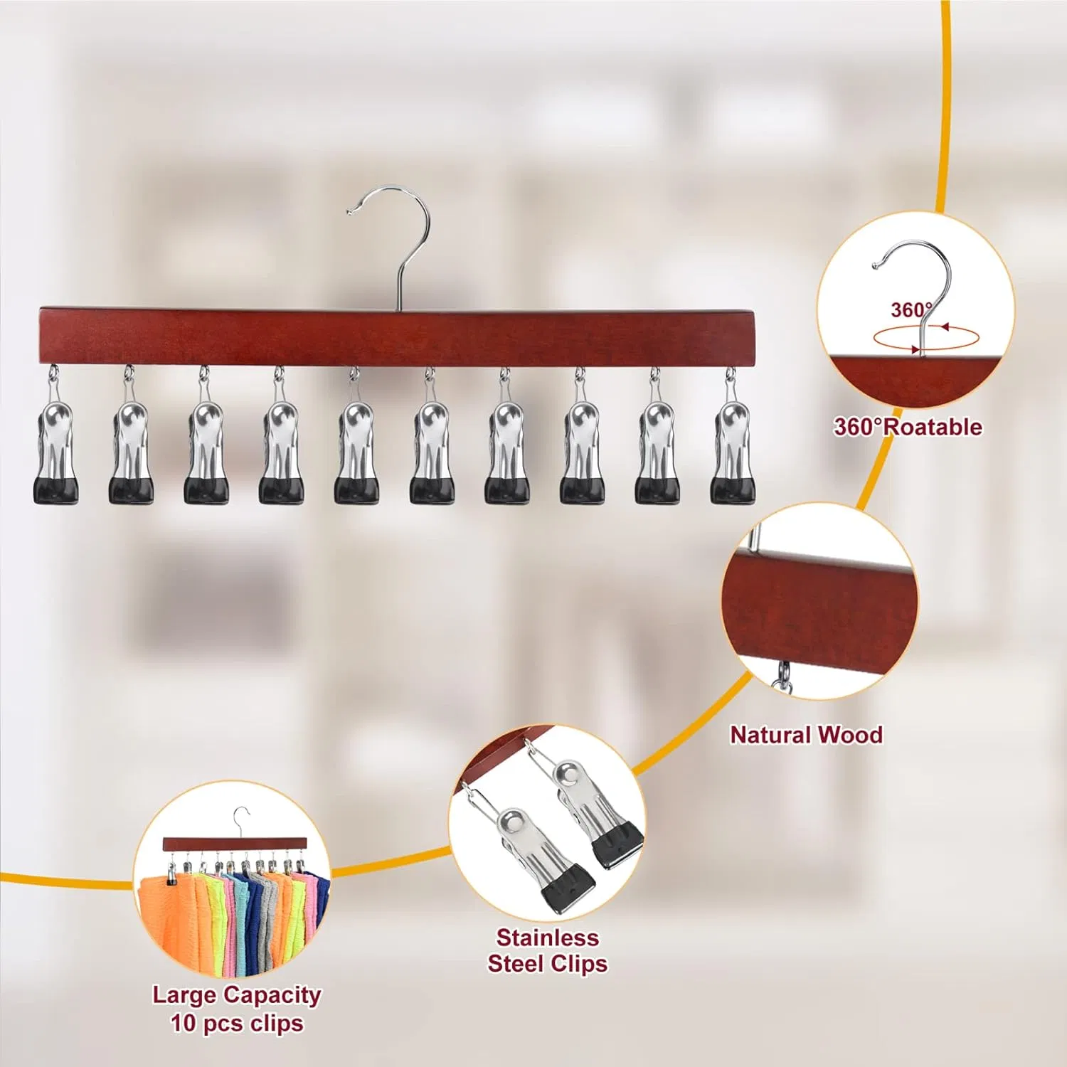 Legging Organizer for Closet Wooden Hangers with 12 Metal Clips