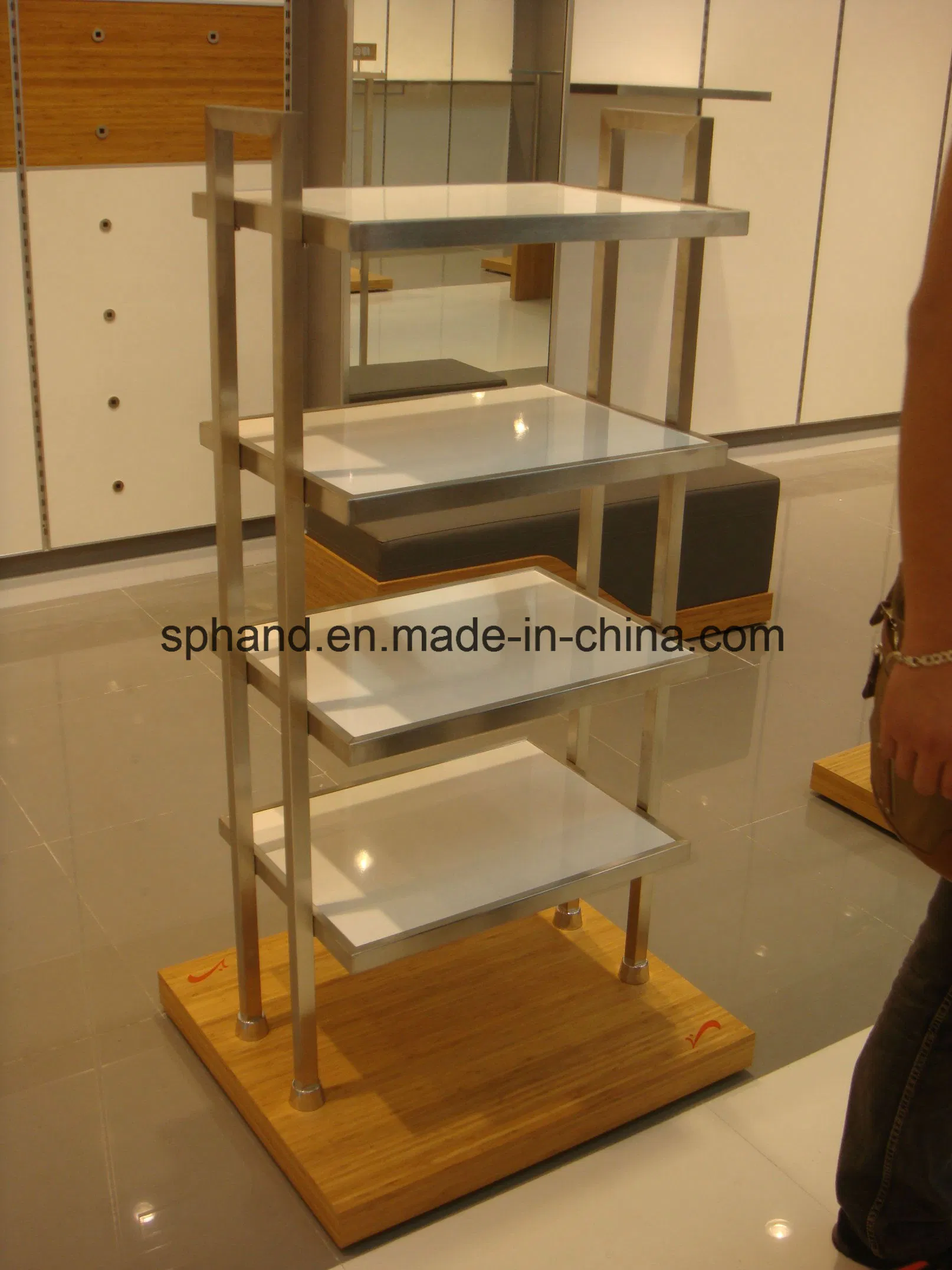 Square Four-Level Metal &Wood Bamboo Display Stand