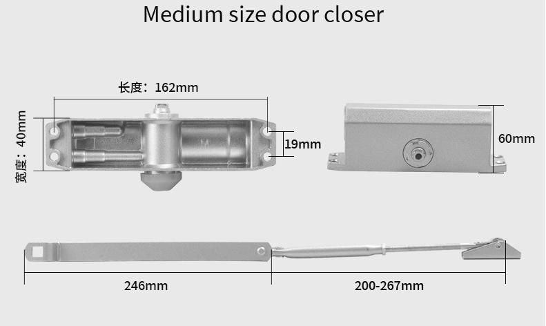 Silver Alloy Hydraulic Door Closer for 25-40kg Doors