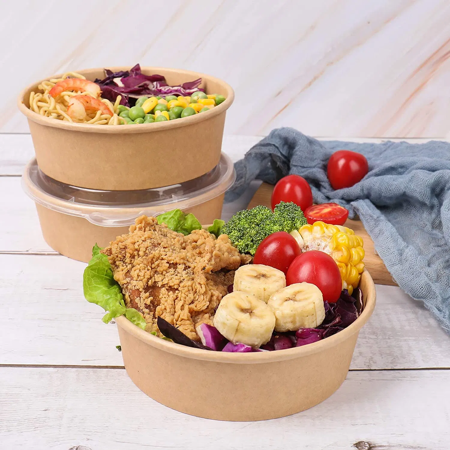 Disposable 1000ml Brown Kraft Paper Salad Food Bowl with Lid