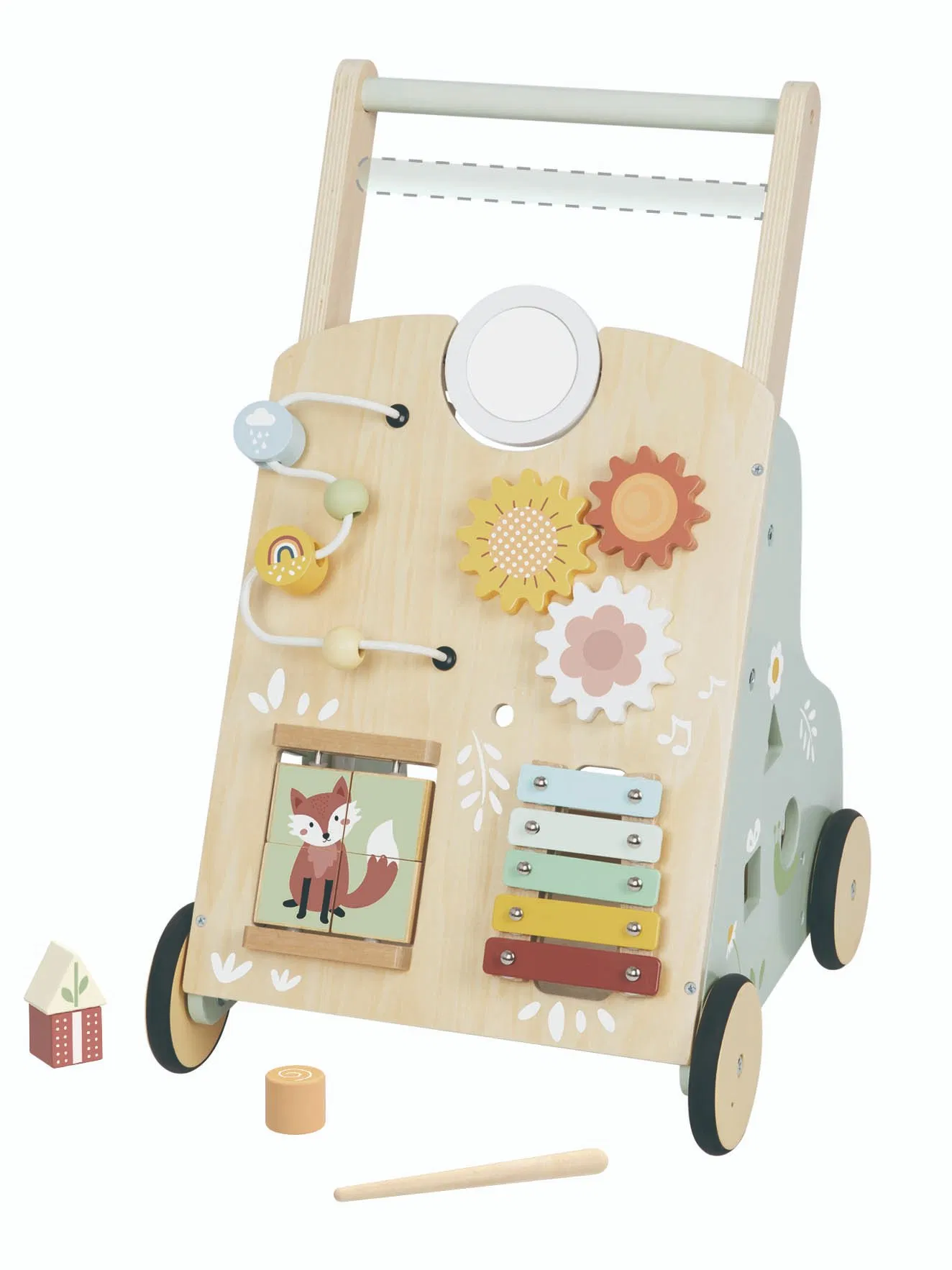 Multi-Function Wooden Baby Walker Activity Sensory Busy Board Pull and Push Cart Baby Learning Walk