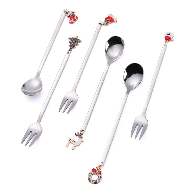 Christmas Coffee Spoon Fork 6PCS Set Stainless Steel Teaspoons Mixing Stirrer Kitchen Tableware