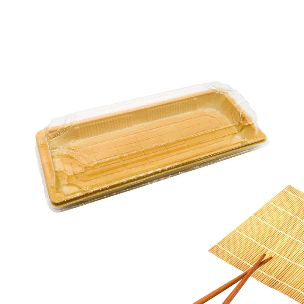 Manluen Food Grade Disposable Takeaway Plastic Boxes Sashimi Salmon Food Packaging Wooden Printing Sushi Container