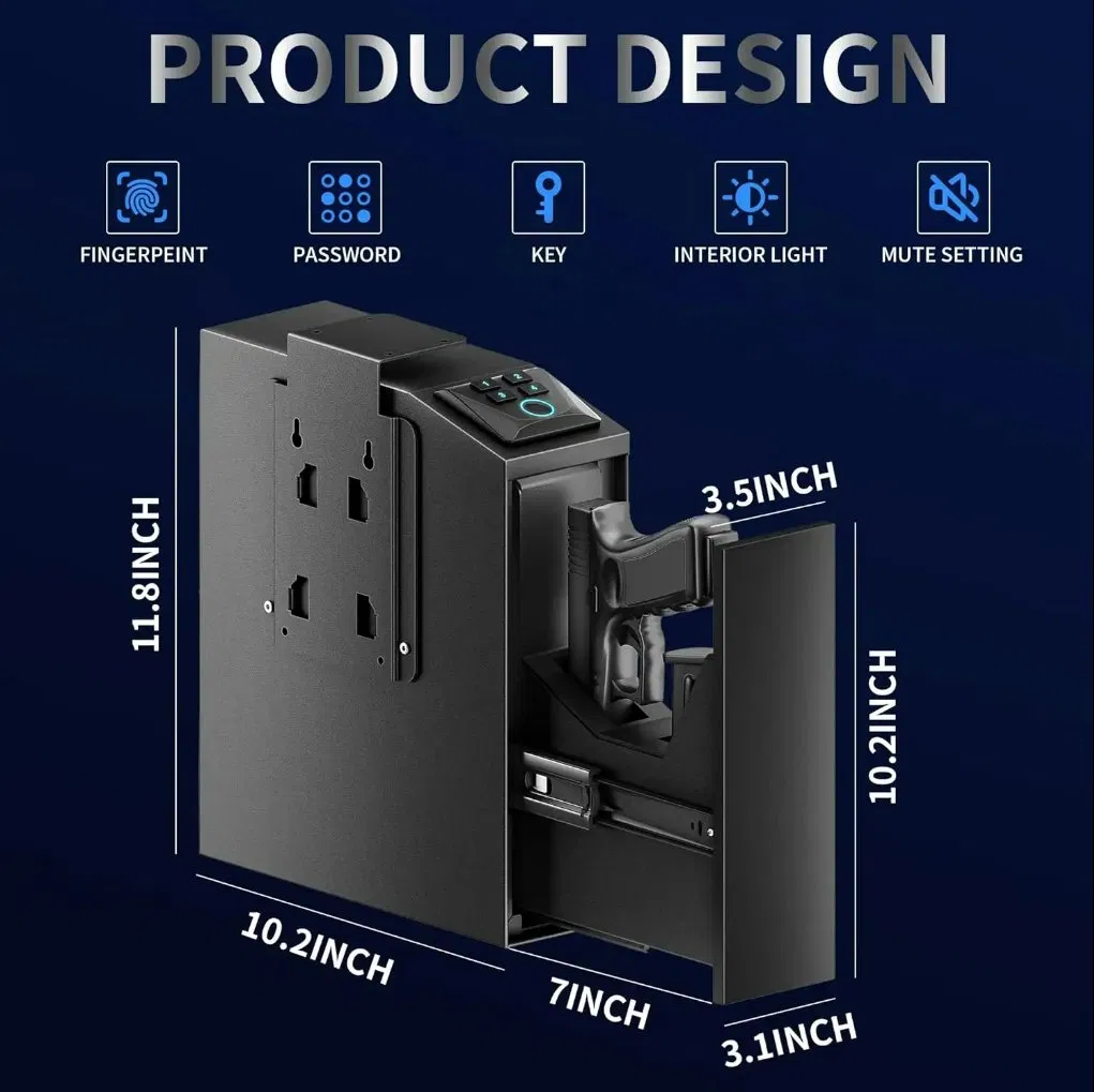 Biometric Gun Safe Handgun Safe Handgun Safe, Quick Access Gun Safe for Nightstand, Auto Sliding Door Hand Gun Safe for Car