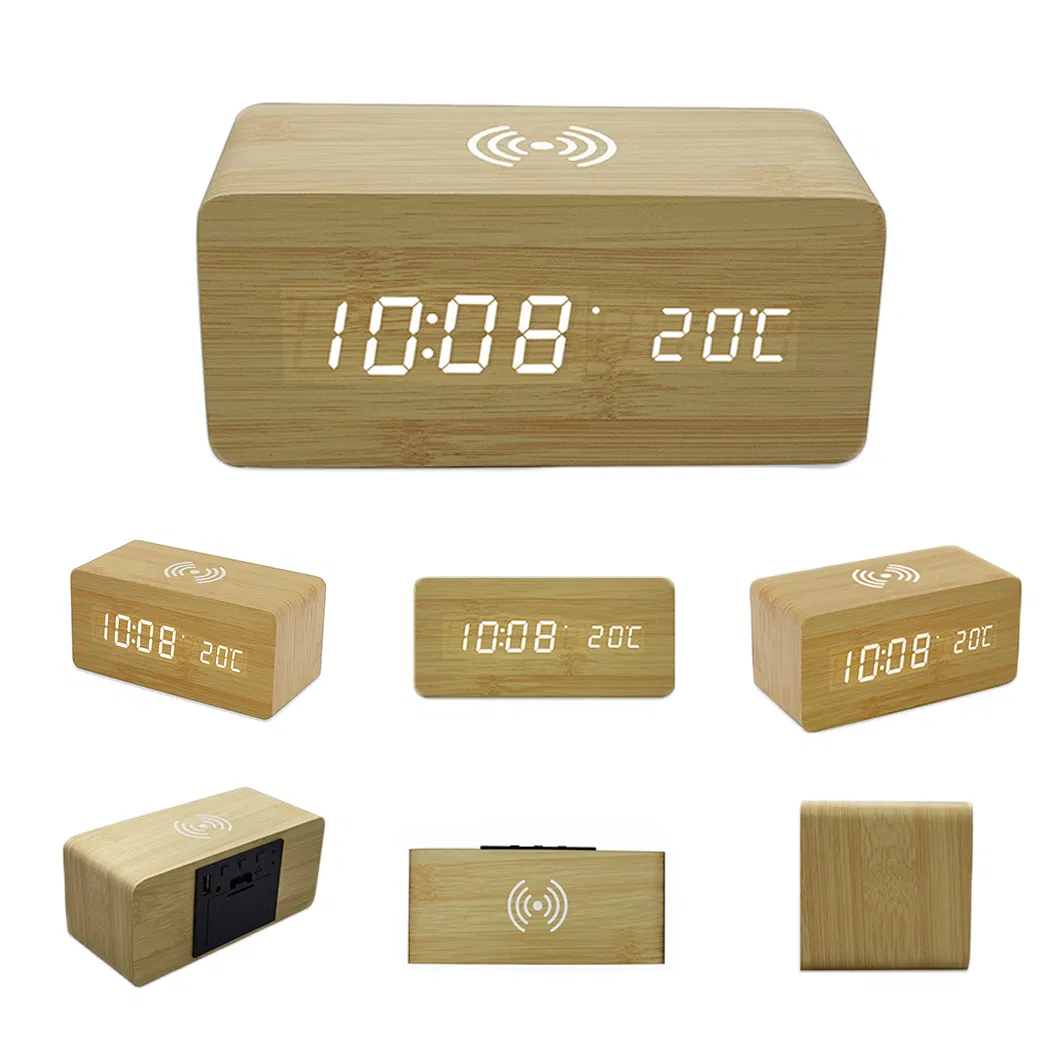Wooden LED Alarm Clock Wireless Charger Charging LED USB Electronic Desk Digital Alarm Clock