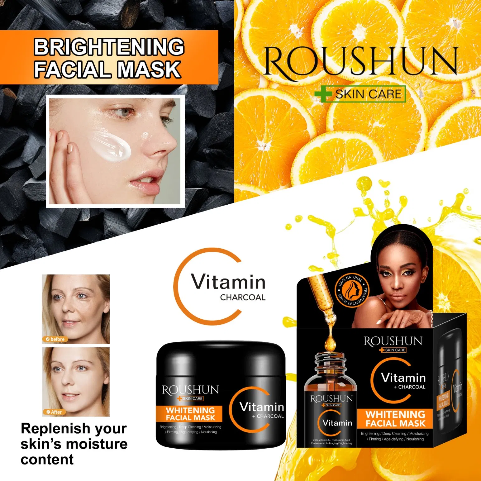 Roushun 100g Whitening Tighten Brighten Hydrating Strengthen and Repair Skin Remover Acne Vc+Charcoal Facial Mask