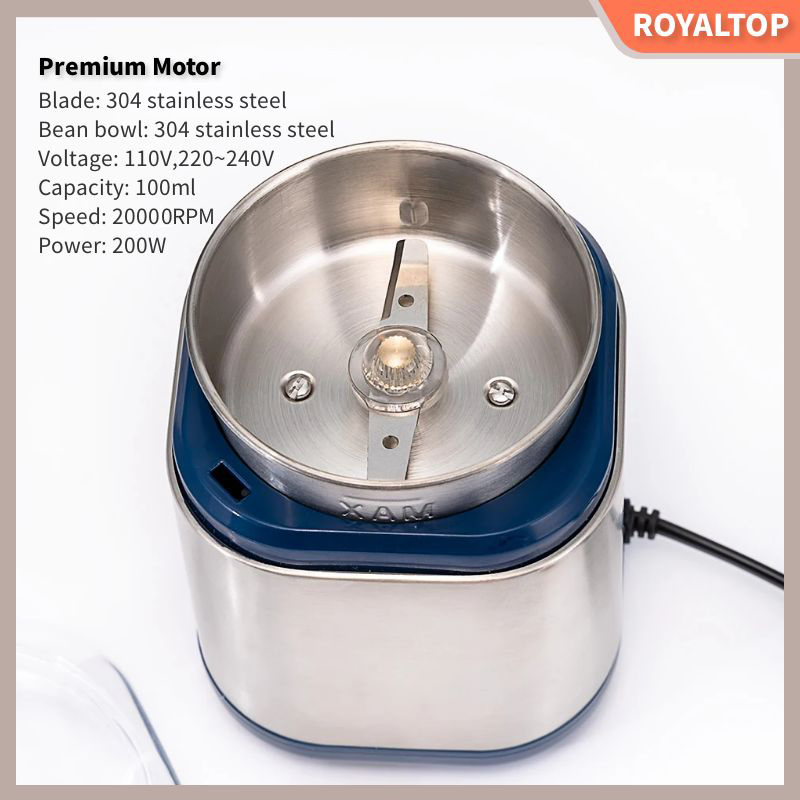 Home and Kitchen 200W Motor Mini Electric Coffee Bean Grinder Machine Stainless Steel Blade Coffee Grinder Set with Bean Bowl