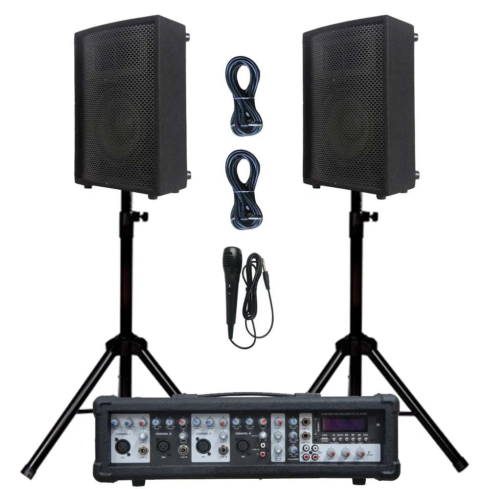 4 Channel 800W Bluetooth Powered with 2PCS 10 Inch Wooden Cabinet Speaker PRO DJ System+Microphone+Cable+Stand&Model Spare Parts SKD