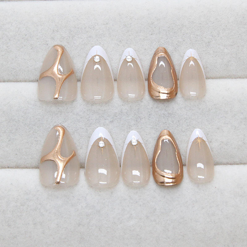 Nude Almond Press on Nails with Gold Metallic & Rhinestone Accents
