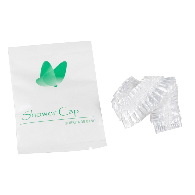 Disposable Hotel Supplies Clear Stripe Shower Cap in Plastic Bag