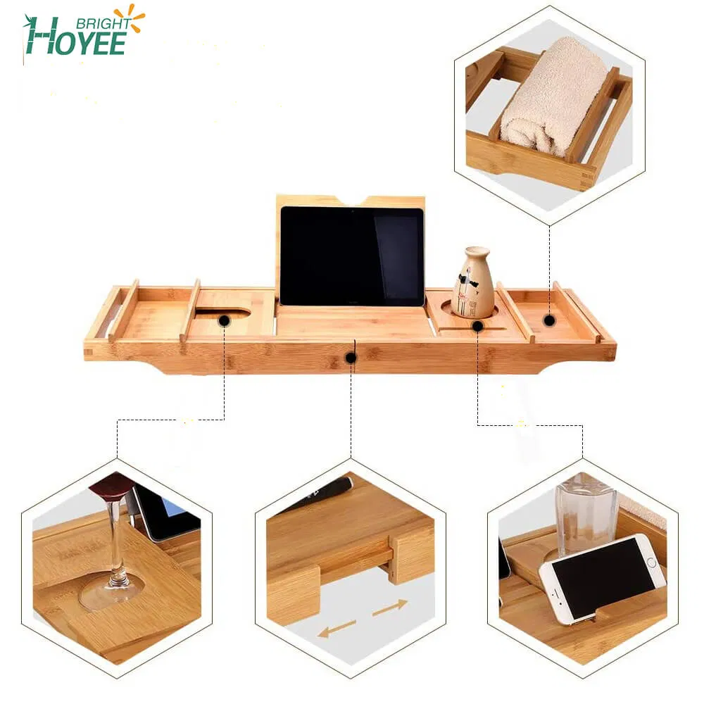 Extra Large Bamboo Bathtub Tray with Expandable Sides Holder for Book Glass Towel