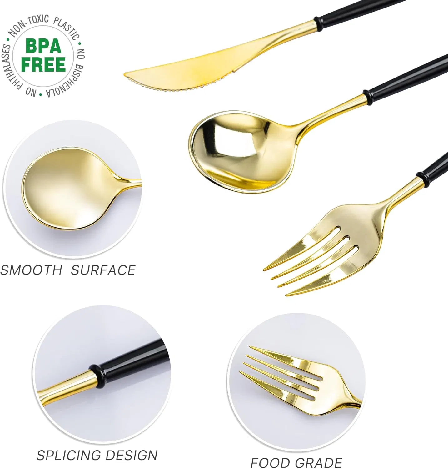 Gold Plastic Cutlery Set with Black Handle Fancy Plastic Silverware, Heavy Duty Spoons, Forks, Knives for Halloween and Everyday Use