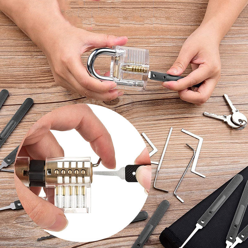 Factory Transparent Practice Stainless Steel Padlock 17 PCS Locksmith Lock Pick Set